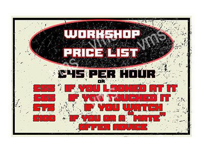 AGH101B WORKSHOP PRICES FUNNY GARAGE METAL SIGN 12"X8"