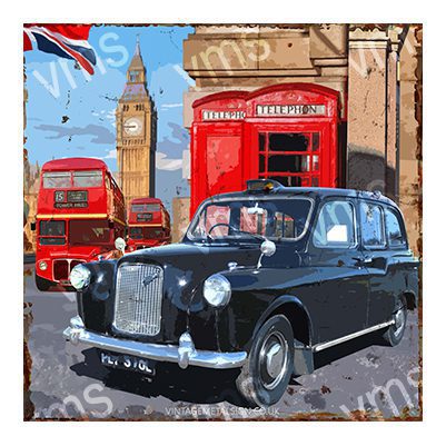 LOND010 LONDON CAB AND BUS METAL SIGN 12"X12"