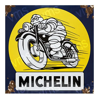 MI001B MICHELIN BIBENDUM ON BIKE METAL SIGN RUST EFFECT 12"X12"